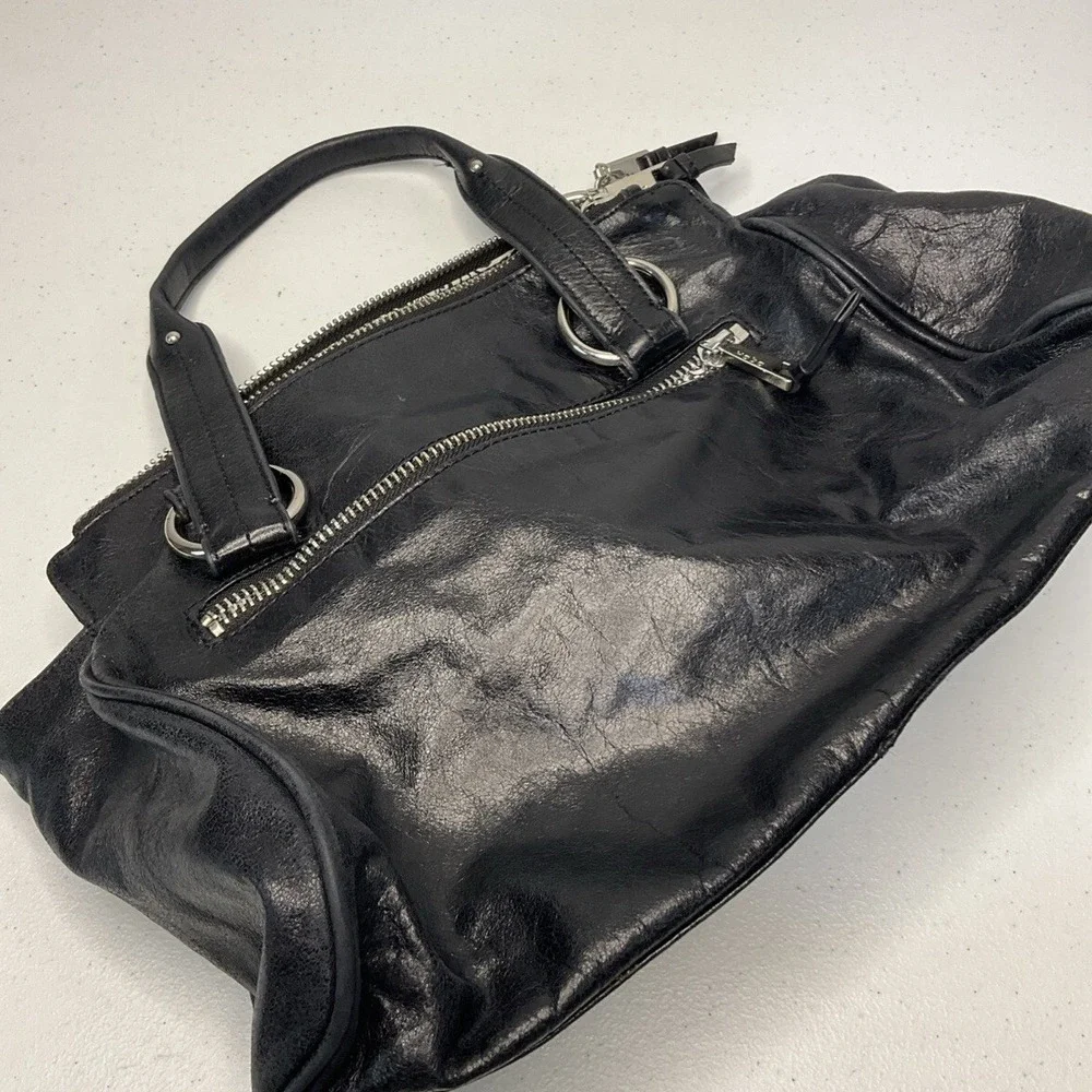 HOBO‎ International Womens Black Polished Leather Shoulder Bag Satchel Purse